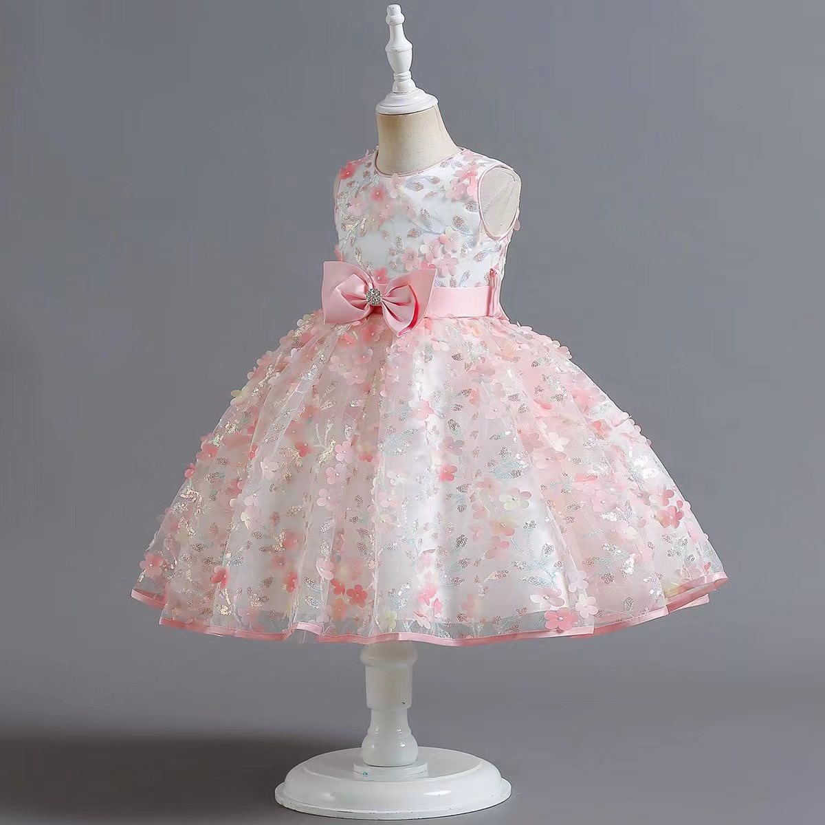 Pink Flower Girls Dresses Appliques sequined handmade Ball Gown Ruffles Tulle Pageant Dresses for Girls baby Wedding crystal beaded Birthday Gowns