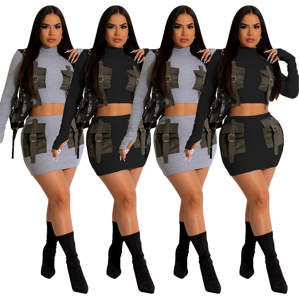 2024 Designer Spring Dress Sets for Women Summer Long Sleeve Pullover Shirt Top and Bodycon Skirt Two Piece Sets Casual Gray Black Outfits Active Trac