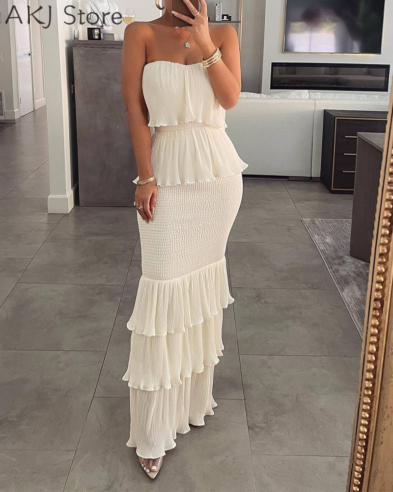 Casual Dresses Women Fashion Bandeau Shirred Ruffle Hem Layered Dress 230216