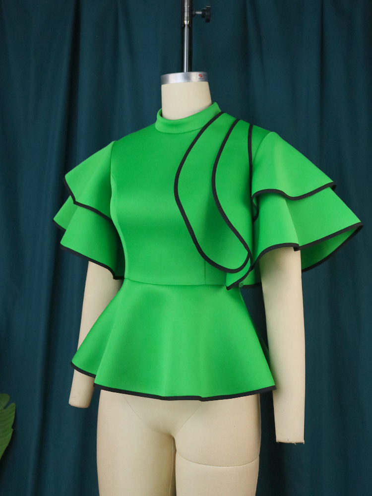 Women's Plus Size Green Short Sleeve Ruffled Peplum Blouse Elegant Patchwork T-Shirt Office Work Evening Party Tops