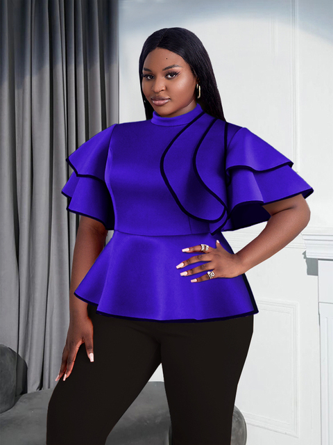 Women's Plus Size Green Short Sleeve Ruffled Peplum Blouse Elegant Patchwork T-Shirt Office Work Evening Party Tops
