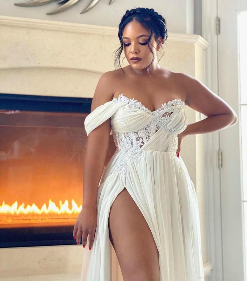 Boho Wedding Dresses Bridal Gown Chiffon High Split Lace Applique Strap A Line Simple Floor Length Plus Size Custom Made Garden Beach Vestido De Novia