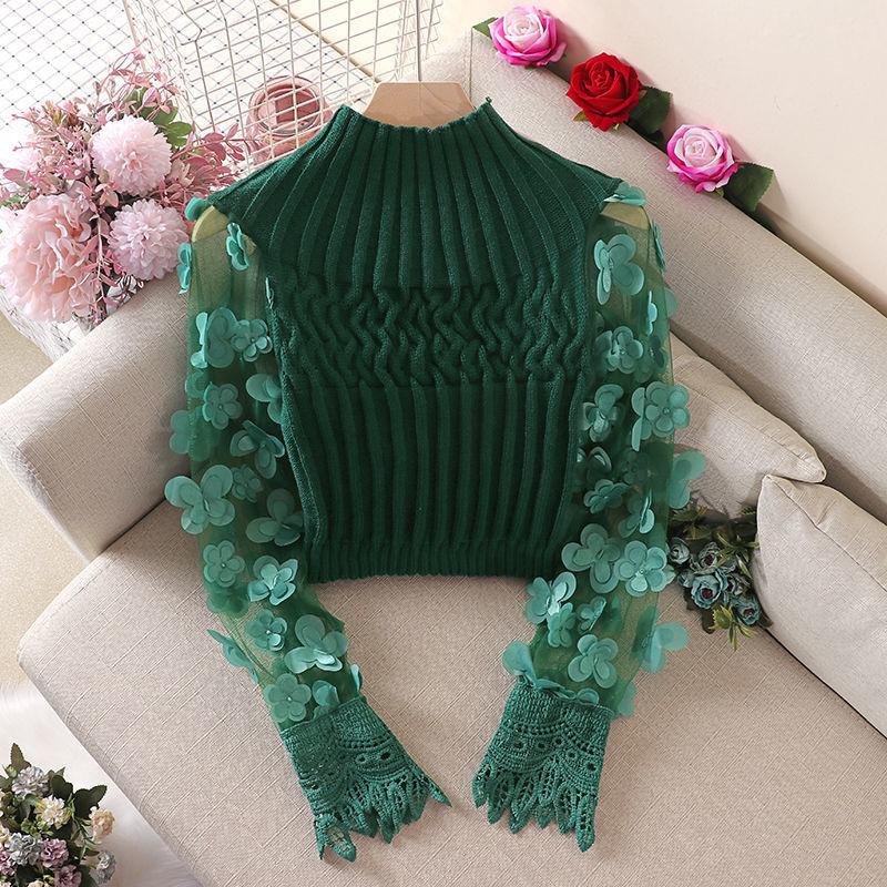 Womens Sweaters White Stylish 3D Flower Pullover Top Mujer Puff Sleeve Slim Short Sweater Women Autumn Turtleneck Mesh Spliced Girl