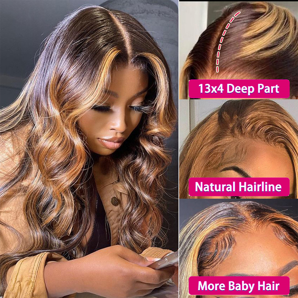 Free shipping Brazilian Highlight Long 36inches Body Wave Wigs For Woman Ombre Blonde Lace Front Wig Synthetic Heat Resistant