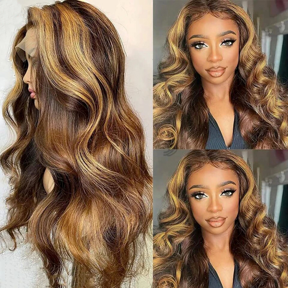 Free shipping Brazilian Highlight Long 36inches Body Wave Wigs For Woman Ombre Blonde Lace Front Wig Synthetic Heat Resistant