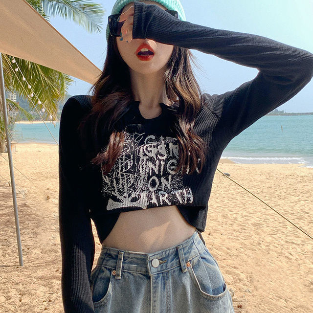 Womens T-Shirt Y2K Long-sleeved T-shirts Women Letter Print Slim Tops Gray Autumn Sexy Harajuku V-neck Tees fairy grunge Black White Cloth 230215