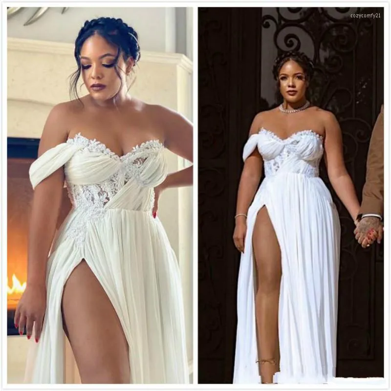 Boho Wedding Dresses Bridal Gown Chiffon High Split Lace Applique Strap A Line Simple Floor Length Plus Size Custom Made Garden Beach Vestido De Novia