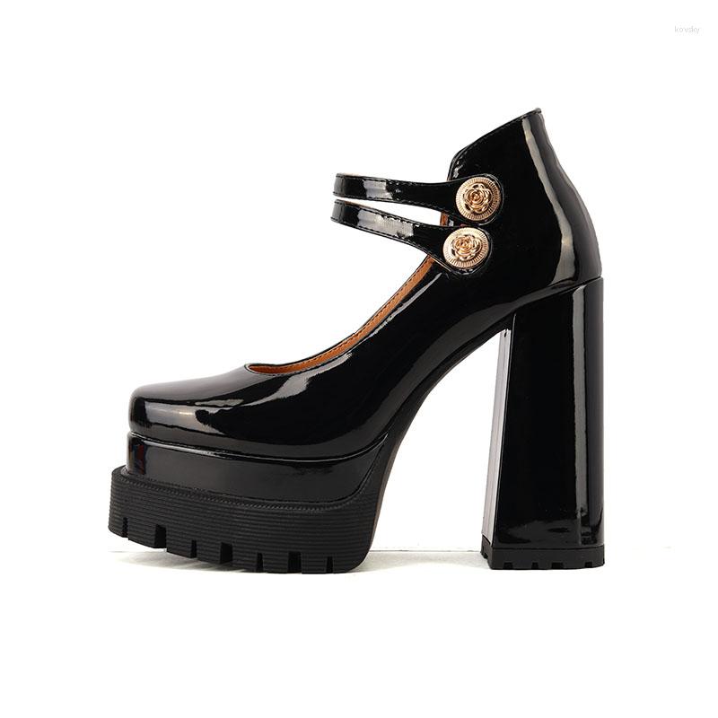 Dress Shoes Arden Furtado 2023 Spring Summer Patent Leather Chunky Heels Square Toe Elegant Waterproof Platform Metal Button Pumps