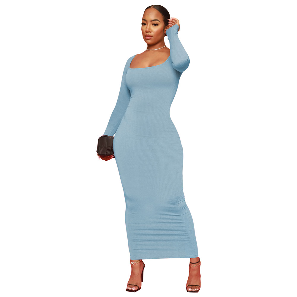 New 2024 Ribbed Dresses Women Spring Long Sleeve Bodycon Dress Sexy Square Collar Threaded Dress Night Club Party Elegant Wear Wholesale bulk items 92