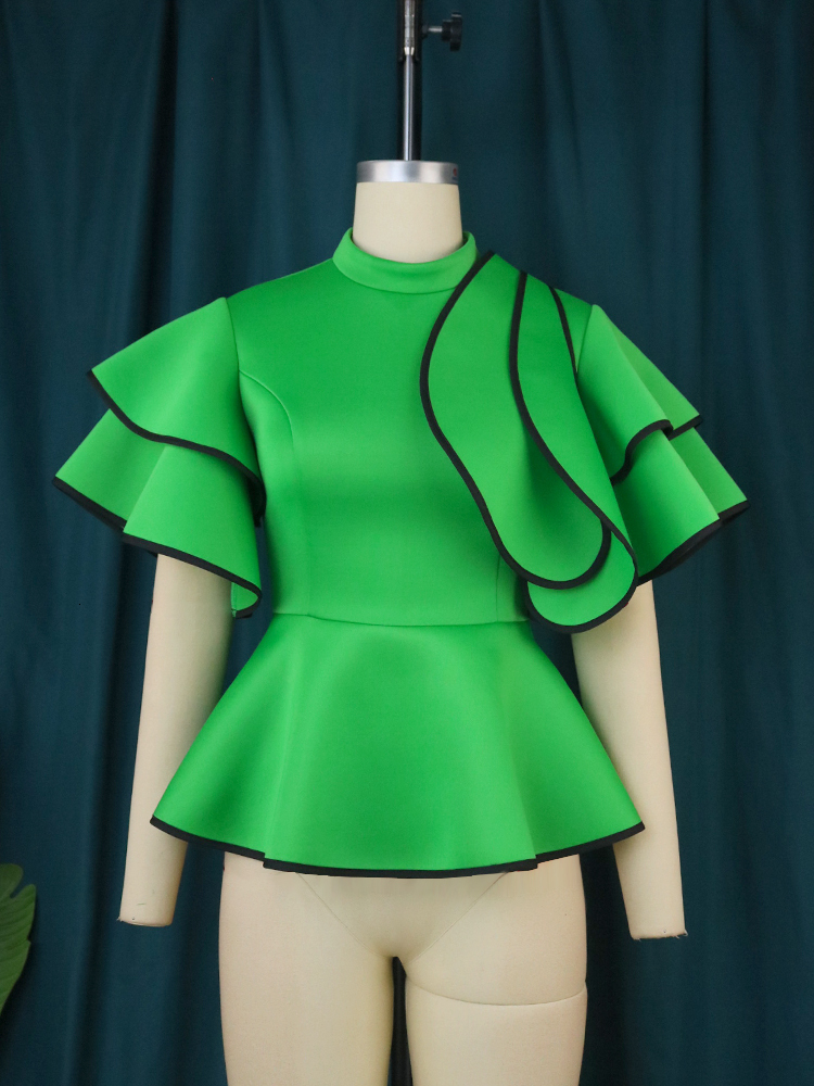 Women's Plus Size Green Short Sleeve Ruffled Peplum Blouse Elegant Patchwork T-Shirt Office Work Evening Party Tops