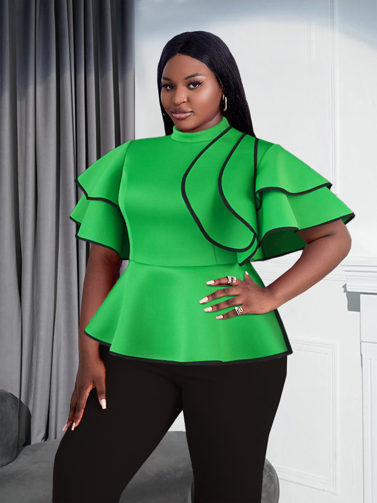 Women's Plus Size Green Short Sleeve Ruffled Peplum Blouse Elegant Patchwork T-Shirt Office Work Evening Party Tops