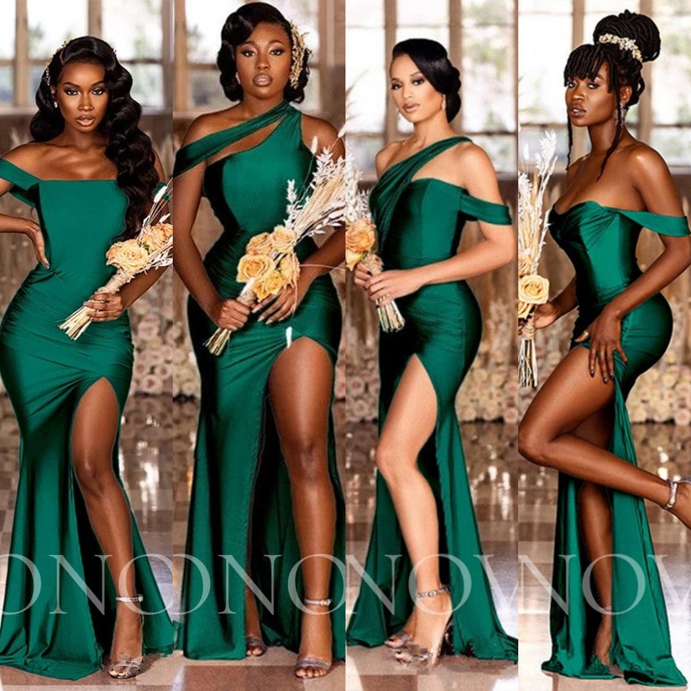 Bridesmaid Dresses Hunter Green Mermaid Elastic Satin Party For Wedding Side Split Off The Shoulder Robe Elegant Gowns Weddings Evening Dress