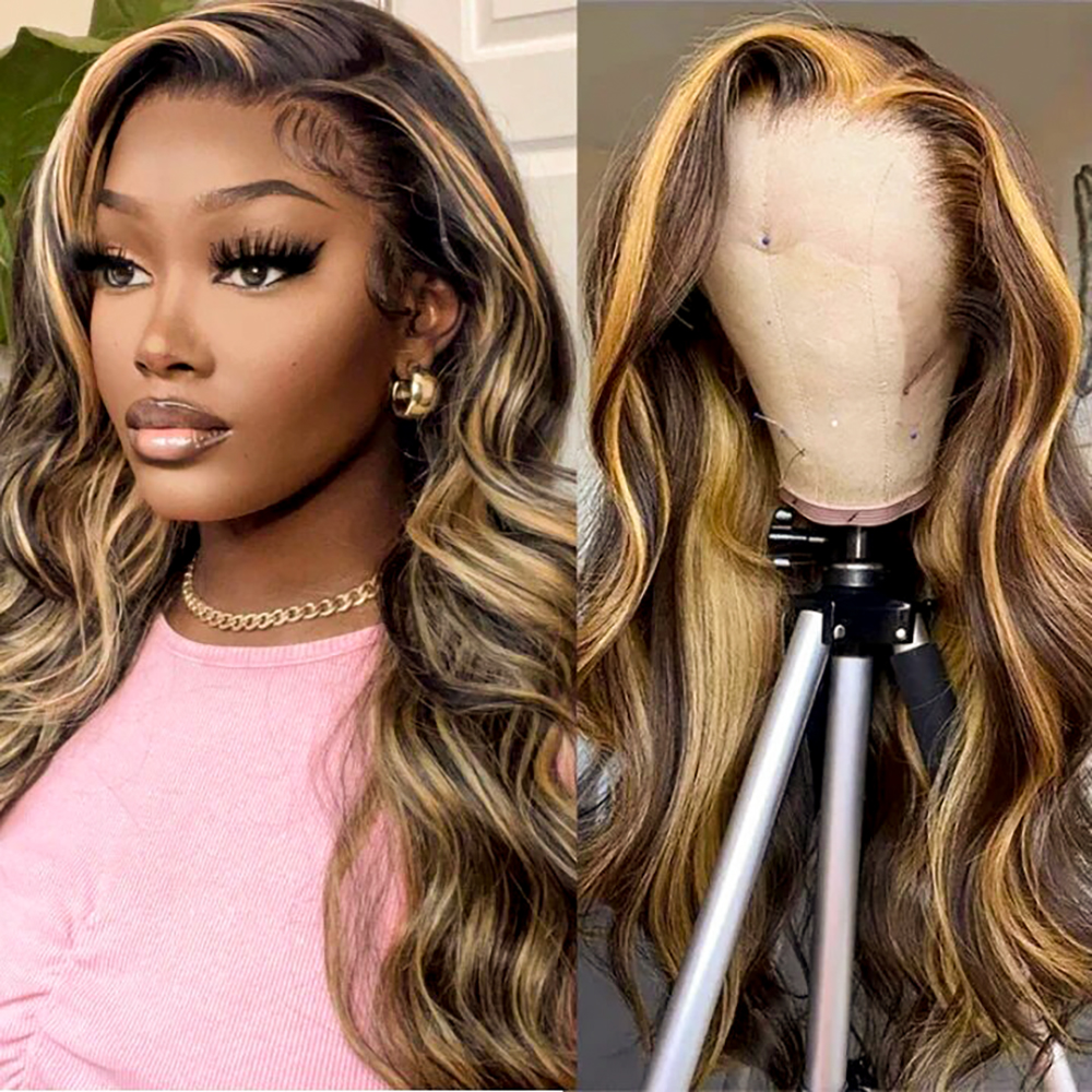 Free shipping Brazilian Highlight Long 36inches Body Wave Wigs For Woman Ombre Blonde Lace Front Wig Synthetic Heat Resistant