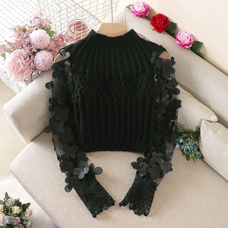 Womens Sweaters White Stylish 3D Flower Pullover Top Mujer Puff Sleeve Slim Short Sweater Women Autumn Turtleneck Mesh Spliced Girl