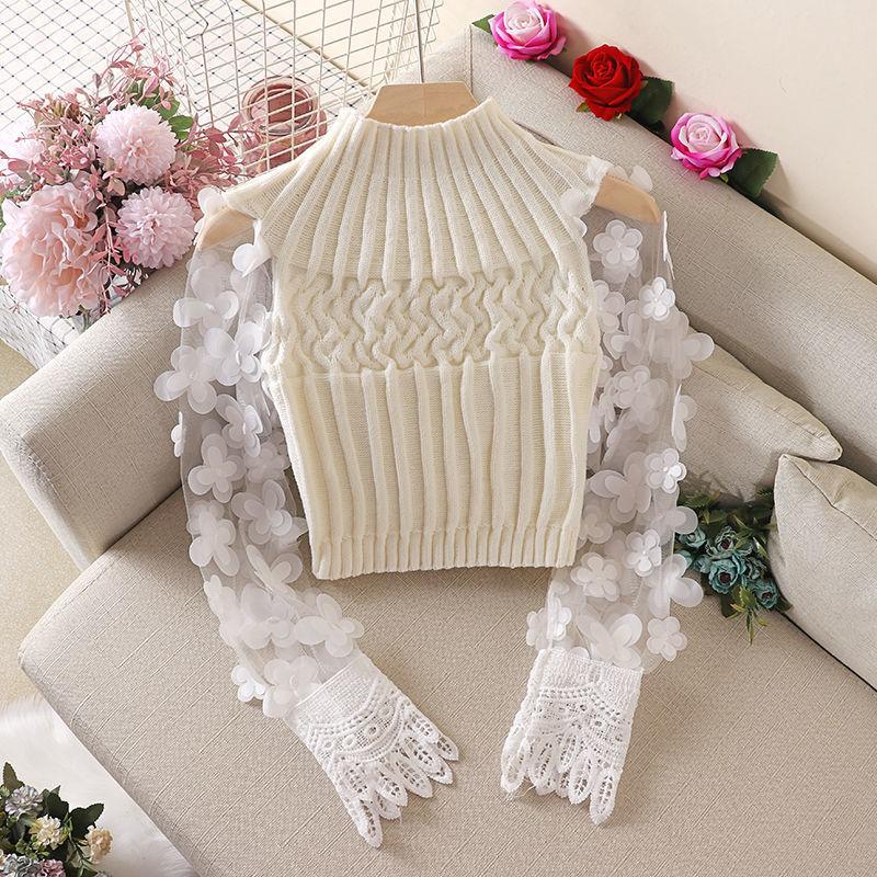 Womens Sweaters White Stylish 3D Flower Pullover Top Mujer Puff Sleeve Slim Short Sweater Women Autumn Turtleneck Mesh Spliced Girl