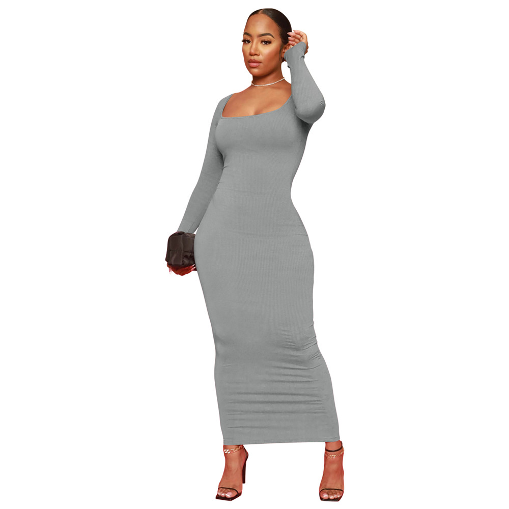 New 2024 Ribbed Dresses Women Spring Long Sleeve Bodycon Dress Sexy Square Collar Threaded Dress Night Club Party Elegant Wear Wholesale bulk items 92