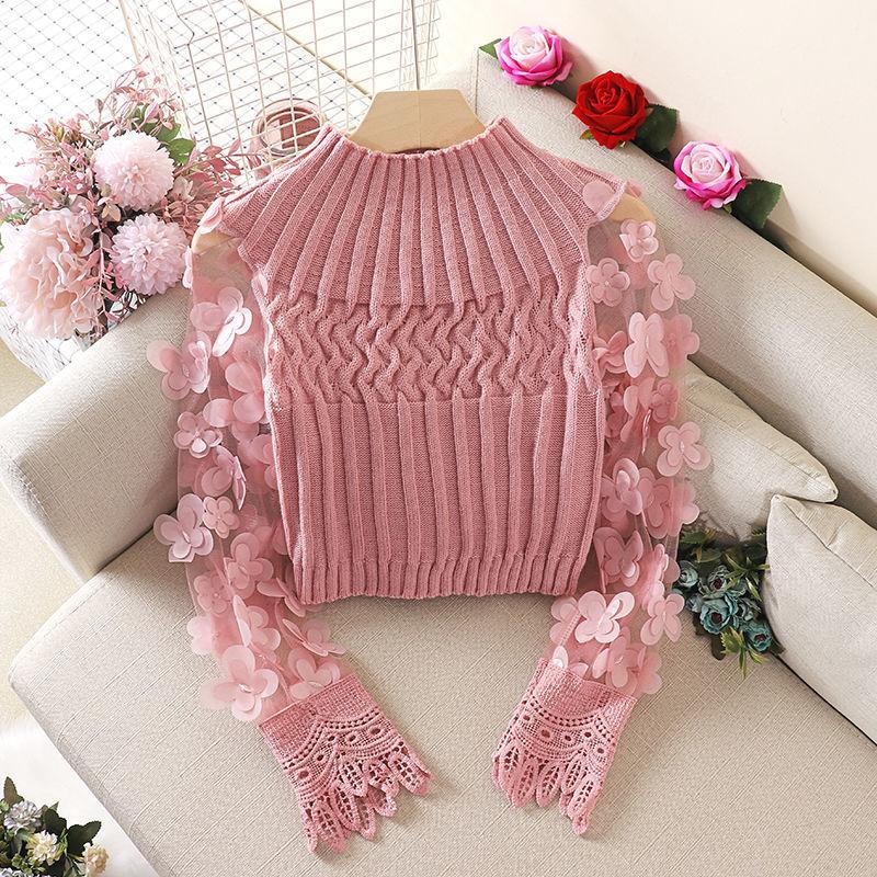 Womens Sweaters White Stylish 3D Flower Pullover Top Mujer Puff Sleeve Slim Short Sweater Women Autumn Turtleneck Mesh Spliced Girl