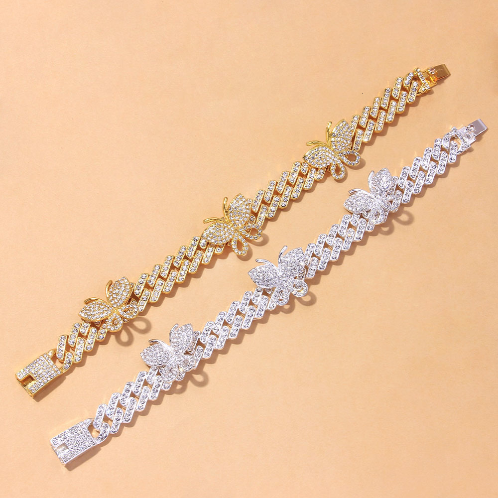 Anklets Punk Cuban Link Butterfly Anklet Wholesale Bracelet Fashion Chunky Miami Sandals Iced Out Bling Anklets for Women Men 230306