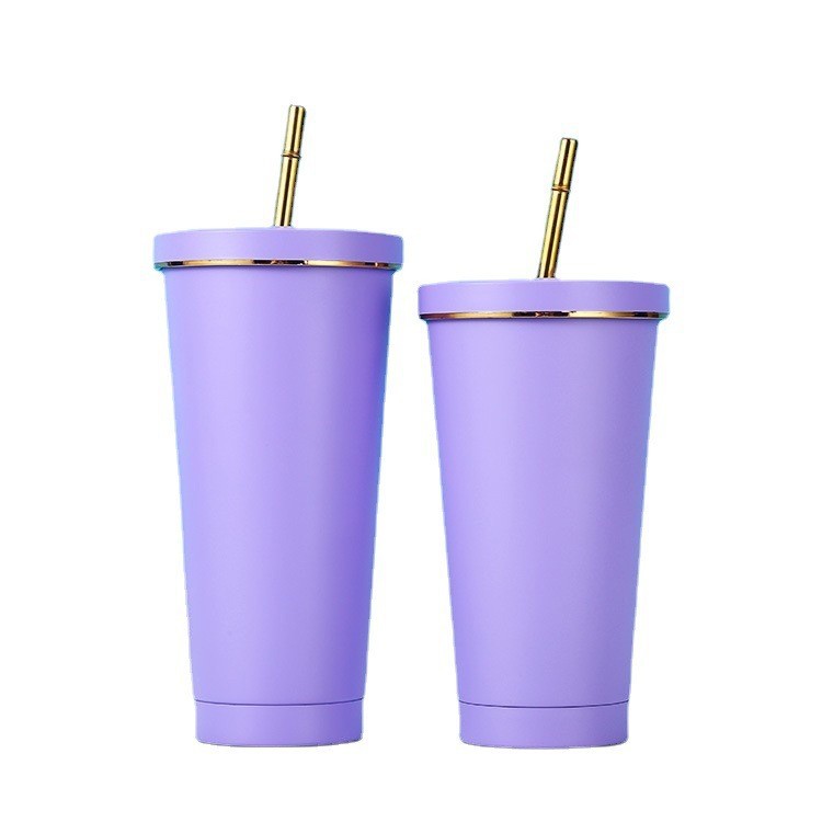 500ml 750ml Stainless steel tumblers with straw lid double walled Vacuum insulated sippy cup with gold rim macaron colors coffee cups portable water b