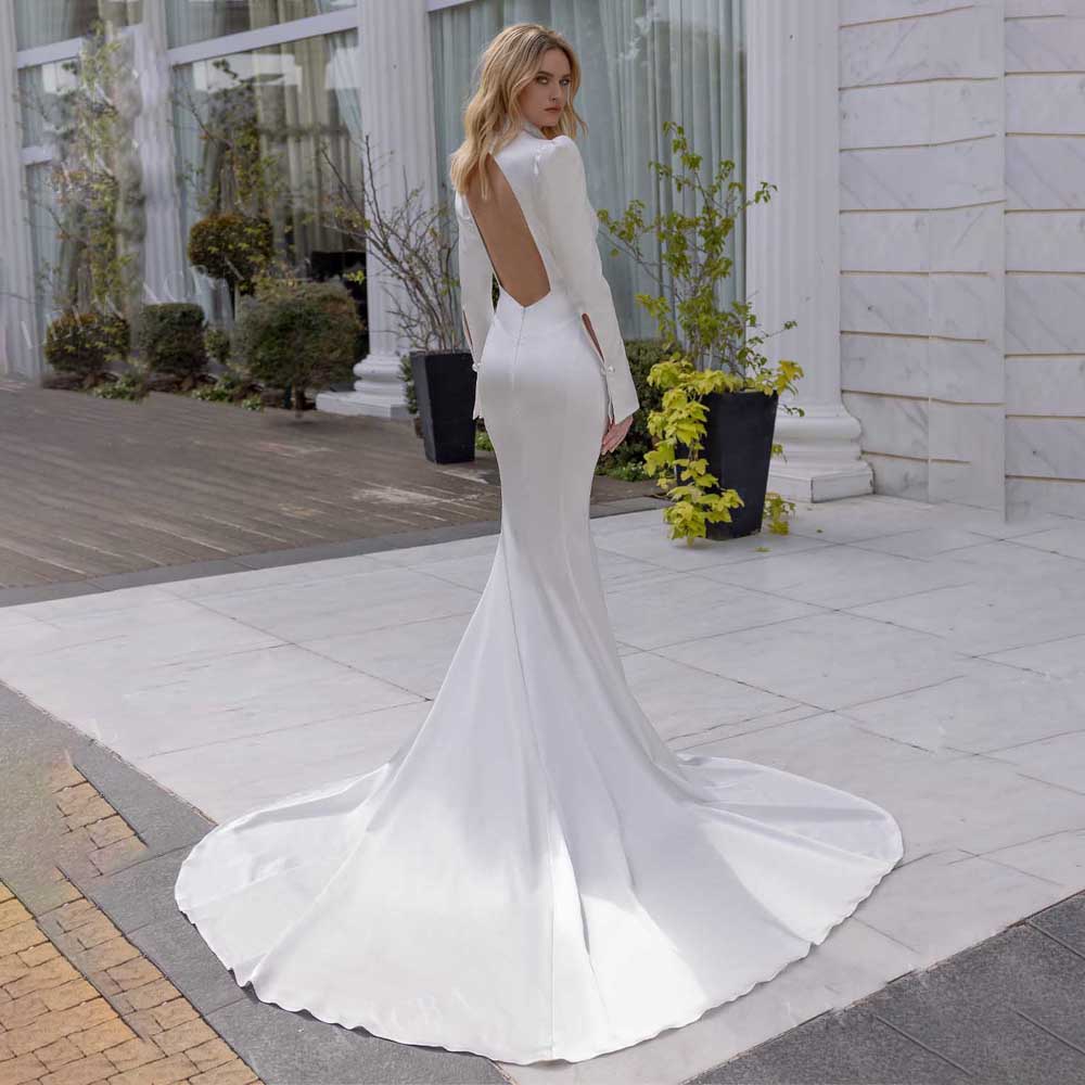 Mermaid Wedding Dresses Satin V-Neck Backless Garden Bridal Gown Court Train Vestido De Noiva Simple 326