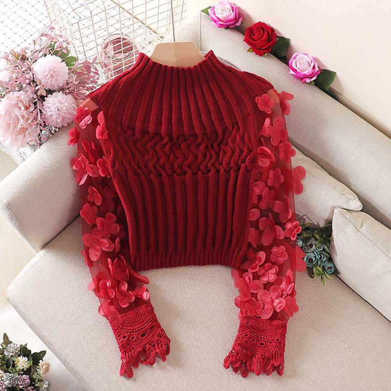 Womens Sweaters White Stylish 3D Flower Pullover Top Mujer Puff Sleeve Slim Short Sweater Women Autumn Turtleneck Mesh Spliced Girl