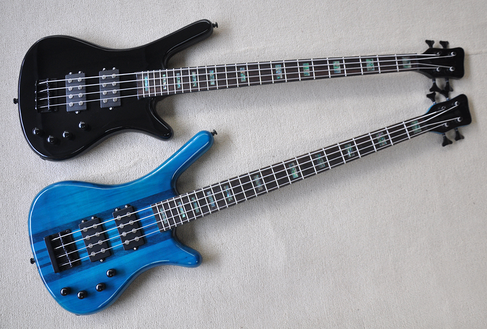 Factory Custom 4 Strings Electric Bass Guitar with Neck Through Body Black and blue color Rosewood Fingerboard Black Hardwares Offer Customized