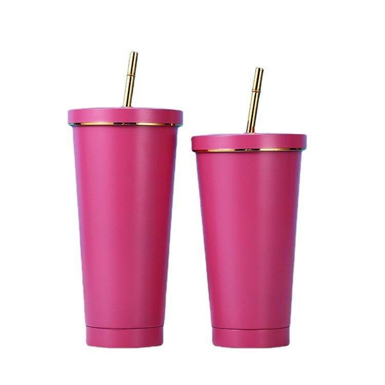500ml 750ml Stainless steel tumblers with straw lid double walled Vacuum insulated sippy cup with gold rim macaron colors coffee cups portable water b