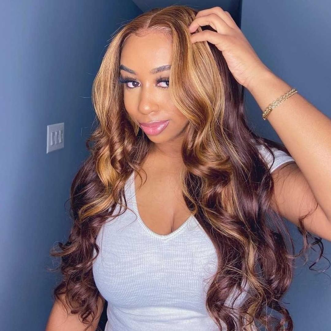 Free shipping Brazilian Highlight Long 36inches Body Wave Wigs For Woman Ombre Blonde Lace Front Wig Synthetic Heat Resistant