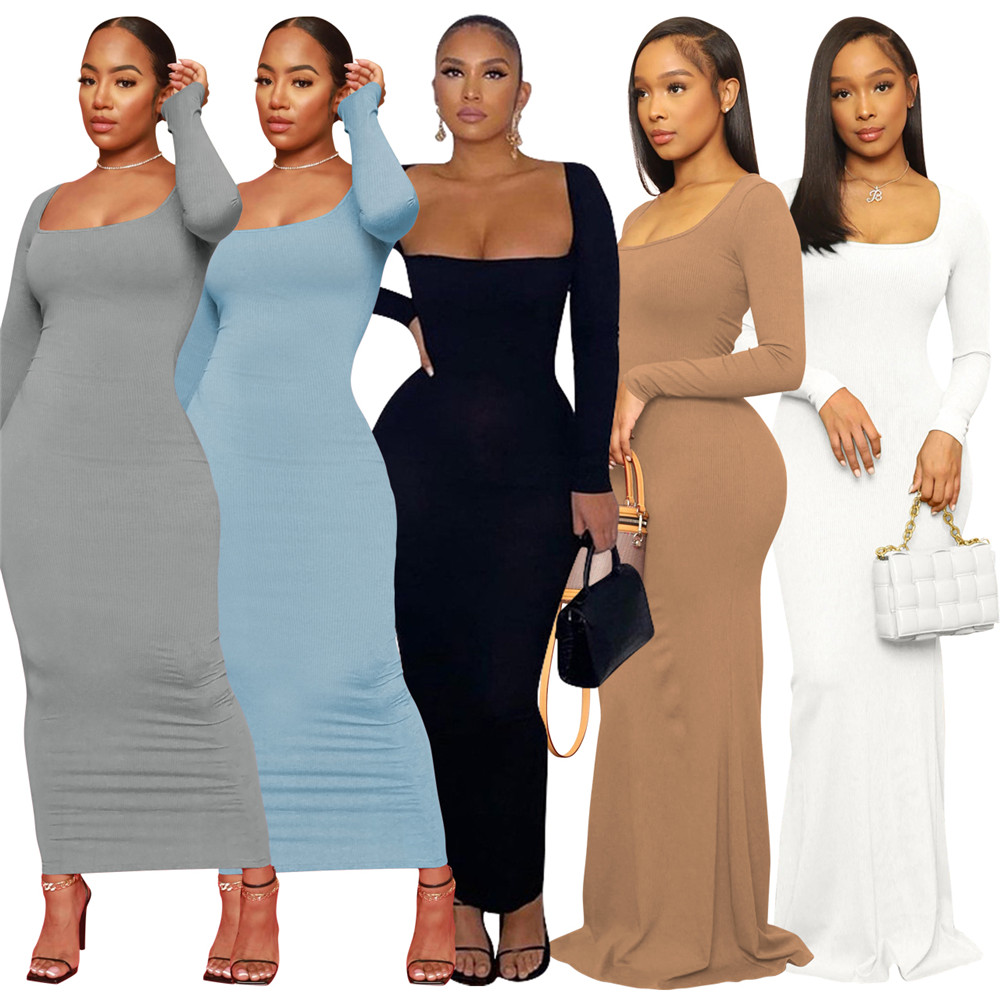 New 2024 Ribbed Dresses Women Spring Long Sleeve Bodycon Dress Sexy Square Collar Threaded Dress Night Club Party Elegant Wear Wholesale bulk items 92