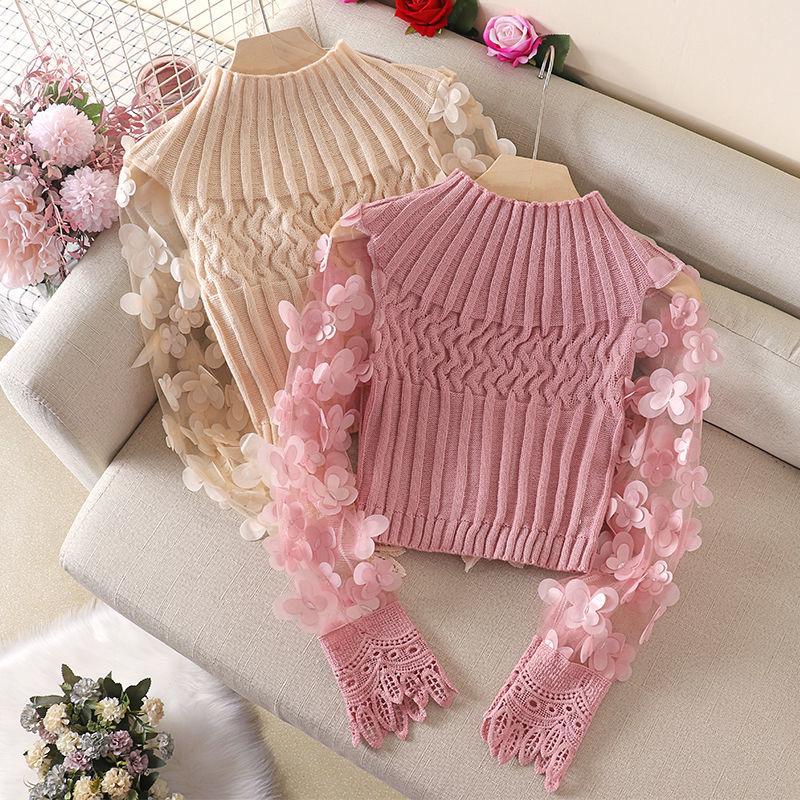 Womens Sweaters White Stylish 3D Flower Pullover Top Mujer Puff Sleeve Slim Short Sweater Women Autumn Turtleneck Mesh Spliced Girl