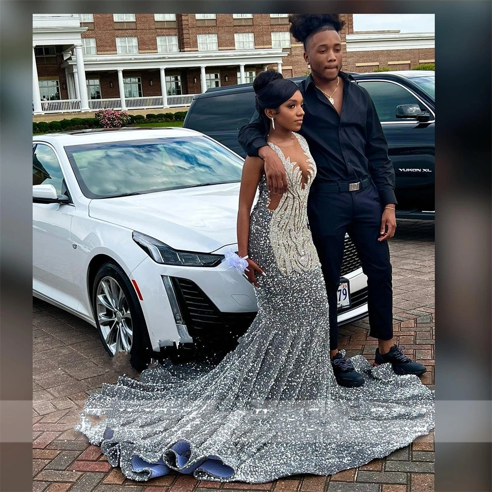 Sier Sheer O Neck Long Prom Dress For Black Girls Beaded Appliques Birthday Party Gowns Sparkly Sequined Evening Dresses 322 Es Es