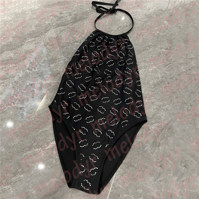 Sexy One Piece Swimwear Women Summer Backless Halter Bikini Diamond Letter Black Swimsuit