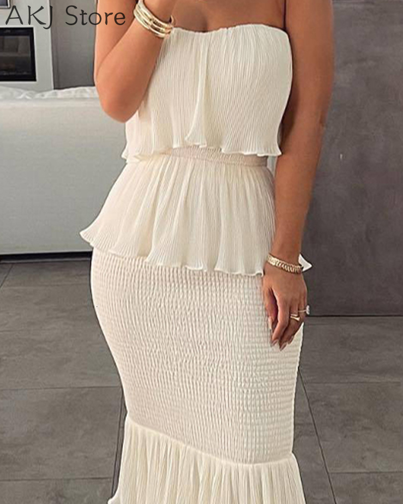 Casual Dresses Women Fashion Bandeau Shirred Ruffle Hem Layered Dress 230216