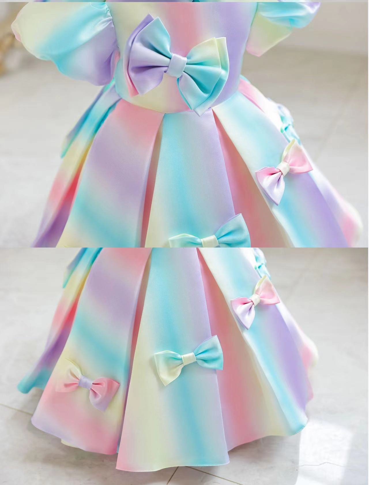 2023 Luxurious Cute Spaghetti Handmade Flower Girls Dresses Bow Belt Bead Princess Kids Floor Length Bridesmaid Dress Girl Pageant Ball Gown baby birt