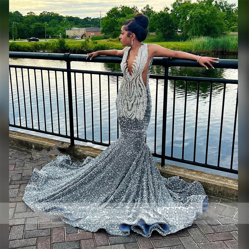 Sier Sheer O Neck Long Prom Dress For Black Girls Beaded Appliques Birthday Party Gowns Sparkly Sequined Evening Dresses 322 Es Es