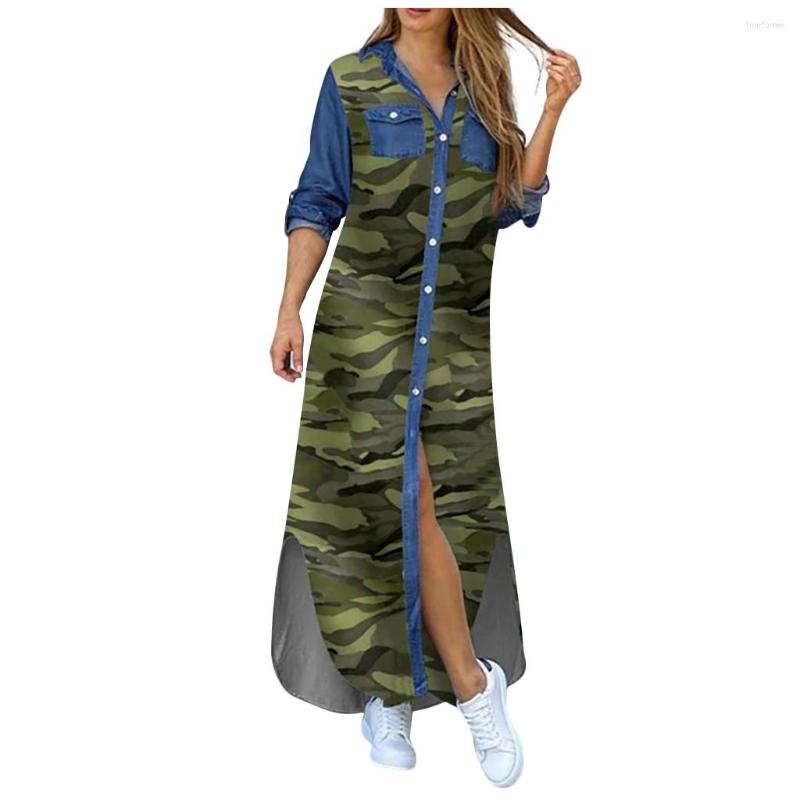 Casual Korean Denim Maxi Dress For Women | Lapel Split Sexy Long Jeans B4