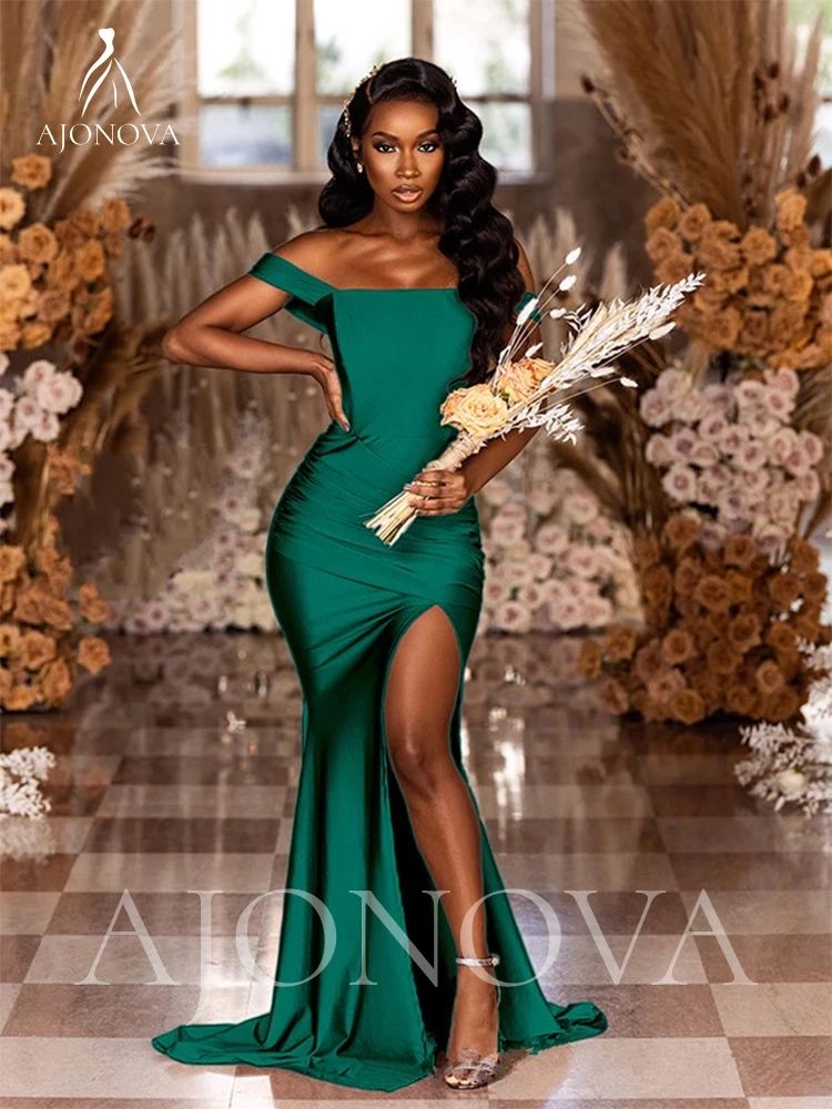 Bridesmaid Dresses Hunter Green Mermaid Elastic Satin Party For Wedding Side Split Off The Shoulder Robe Elegant Gowns Weddings Evening Dress