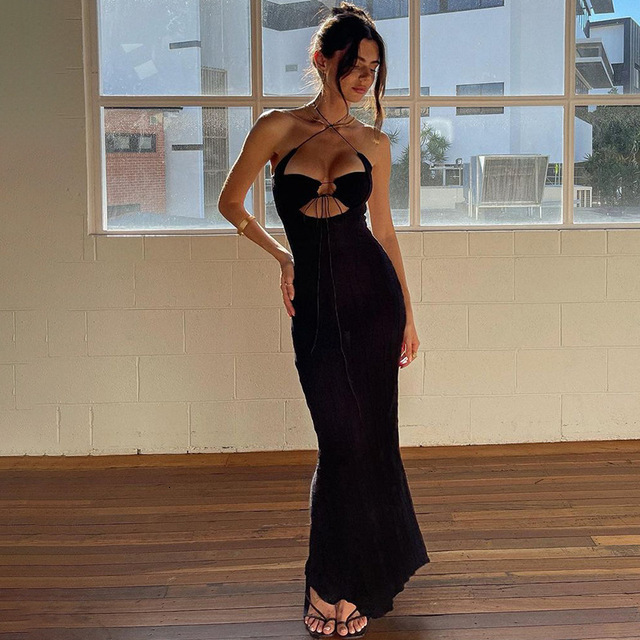 Casual Dresses Cryptographic Halter Sexy Backless Cut Out Tie Up Maxi Dress for Women Sleeveless Summer Club Party Gown Outfits Clothes 230216