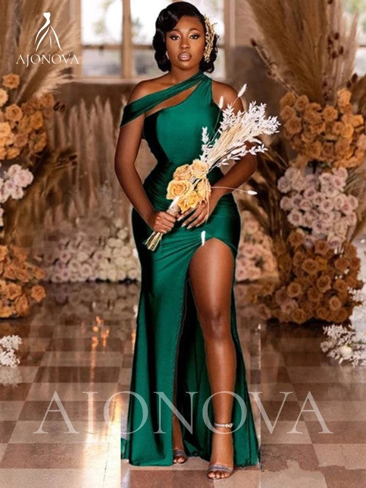 Bridesmaid Dresses Hunter Green Mermaid Elastic Satin Party For Wedding Side Split Off The Shoulder Robe Elegant Gowns Weddings Evening Dress