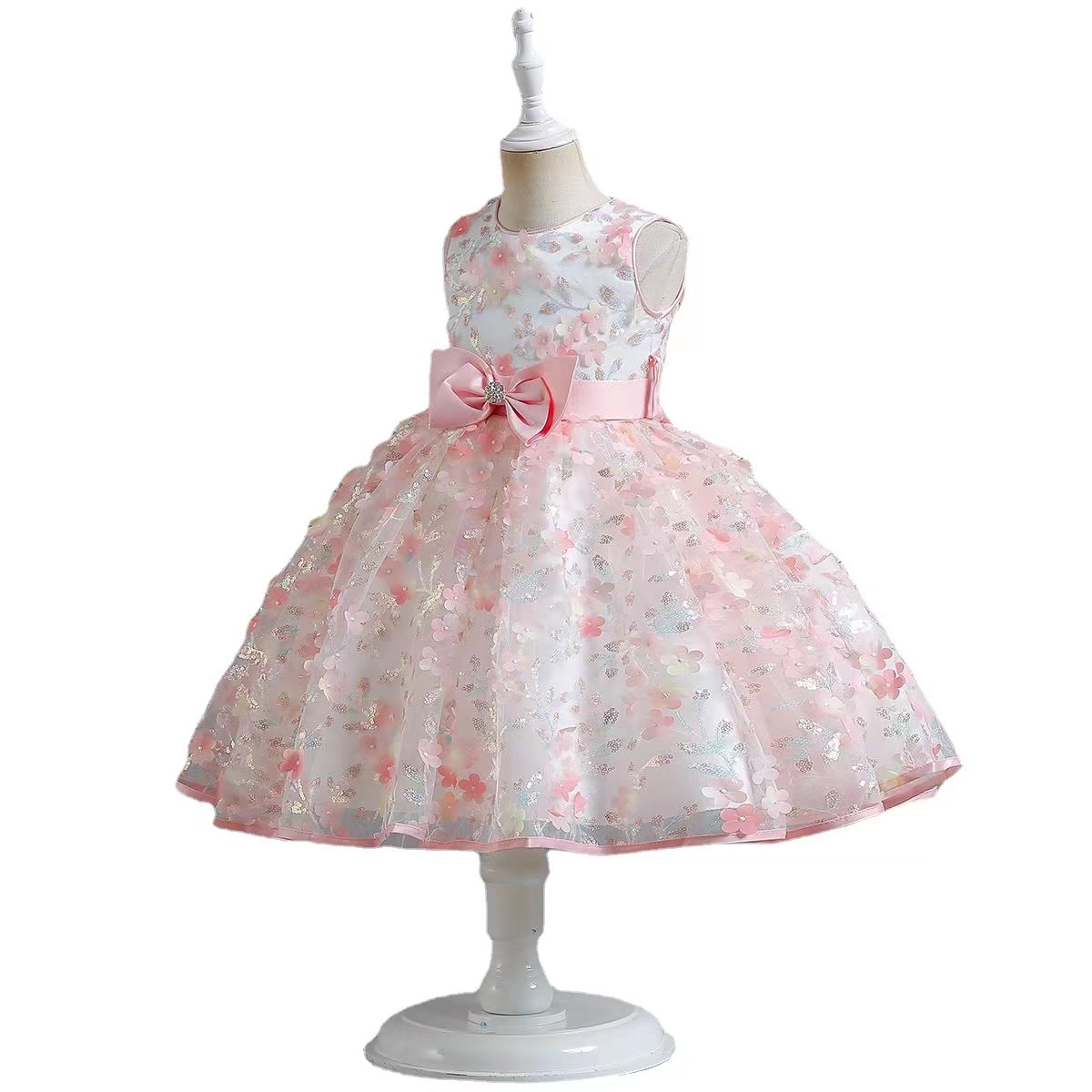 Pink Flower Girls Dresses Appliques sequined handmade Ball Gown Ruffles Tulle Pageant Dresses for Girls baby Wedding crystal beaded Birthday Gowns