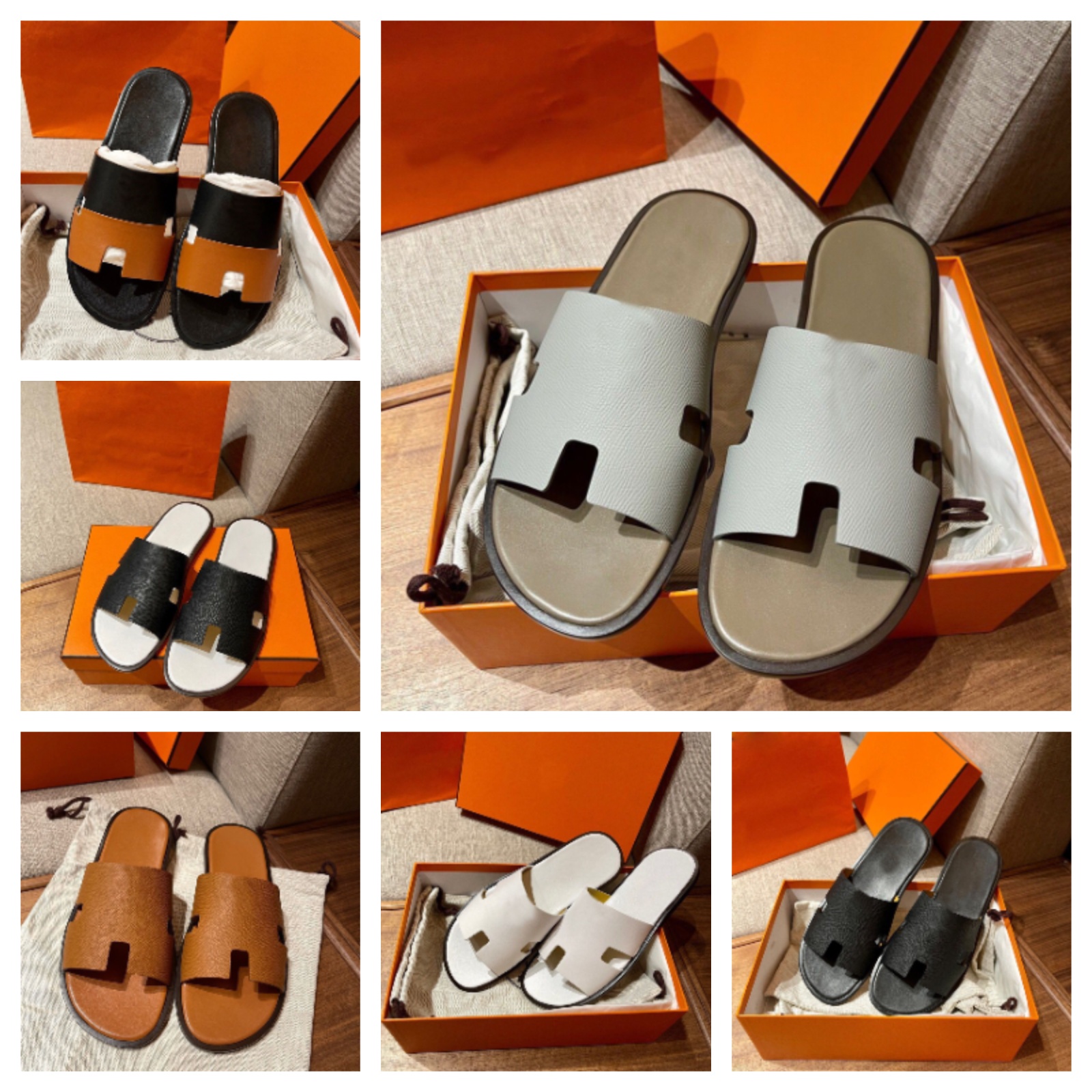 Fashion Casual-style Izmir Cut-out Sandals Shoes Men's White Calfskin Leather Slip On Beach Slippers Comfort Slide Flats Man Casual Walking Shoe EU38-46 Original Box