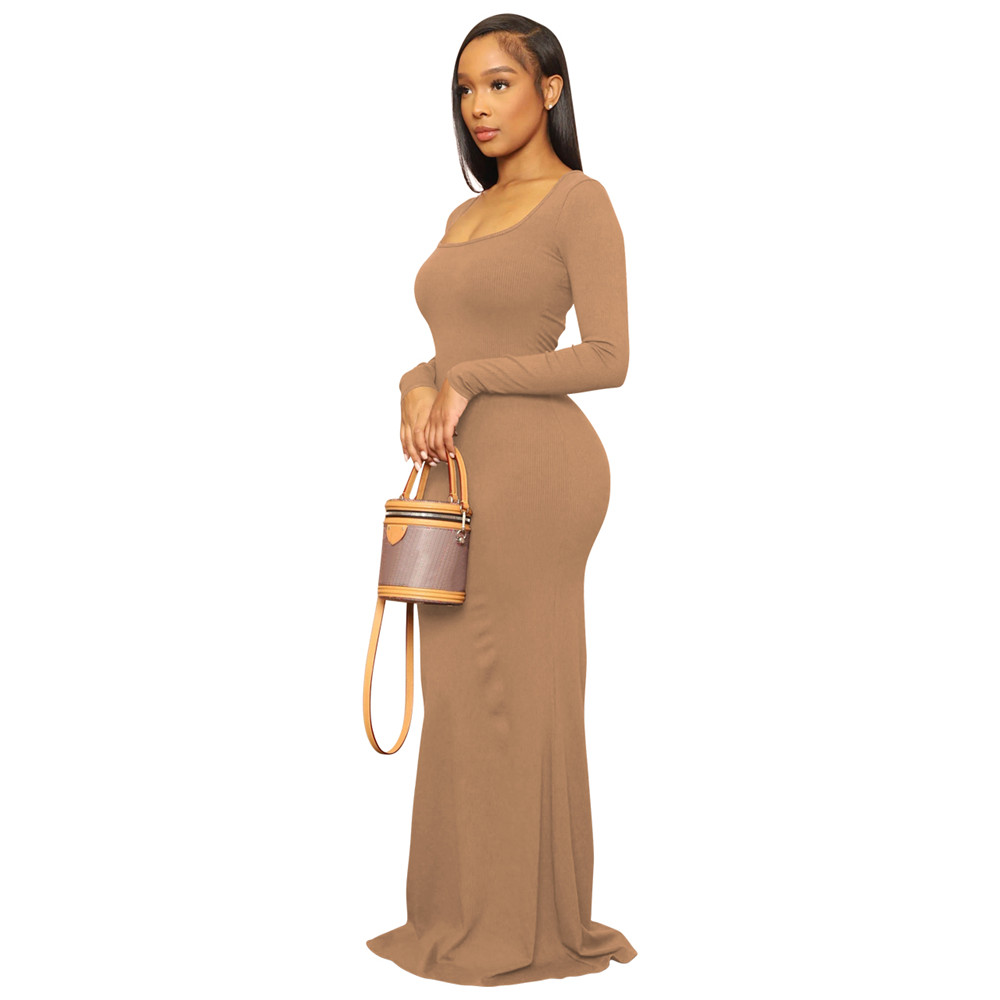 New 2024 Ribbed Dresses Women Spring Long Sleeve Bodycon Dress Sexy Square Collar Threaded Dress Night Club Party Elegant Wear Wholesale bulk items 92