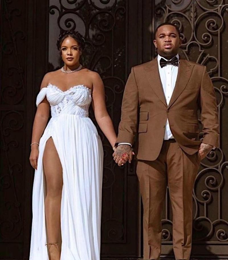 Boho Wedding Dresses Bridal Gown Chiffon High Split Lace Applique Strap A Line Simple Floor Length Plus Size Custom Made Garden Beach Vestido De Novia