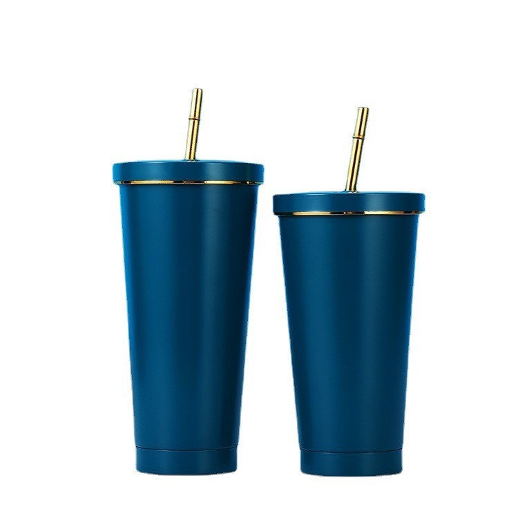 500ml 750ml Stainless steel tumblers with straw lid double walled Vacuum insulated sippy cup with gold rim macaron colors coffee cups portable water b