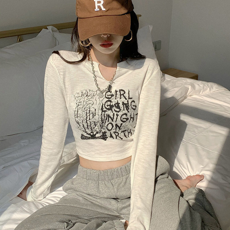 Womens T-Shirt Y2K Long-sleeved T-shirts Women Letter Print Slim Tops Gray Autumn Sexy Harajuku V-neck Tees fairy grunge Black White Cloth 230215