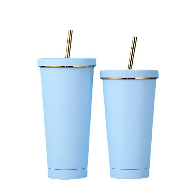 500ml 750ml Stainless steel tumblers with straw lid double walled Vacuum insulated sippy cup with gold rim macaron colors coffee cups portable water b