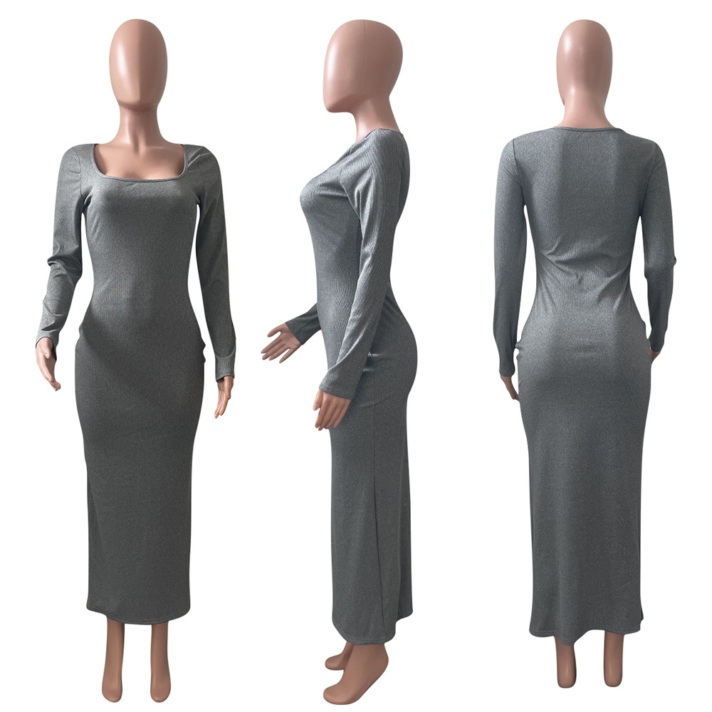 New 2024 Ribbed Dresses Women Spring Long Sleeve Bodycon Dress Sexy Square Collar Threaded Dress Night Club Party Elegant Wear Wholesale bulk items 92
