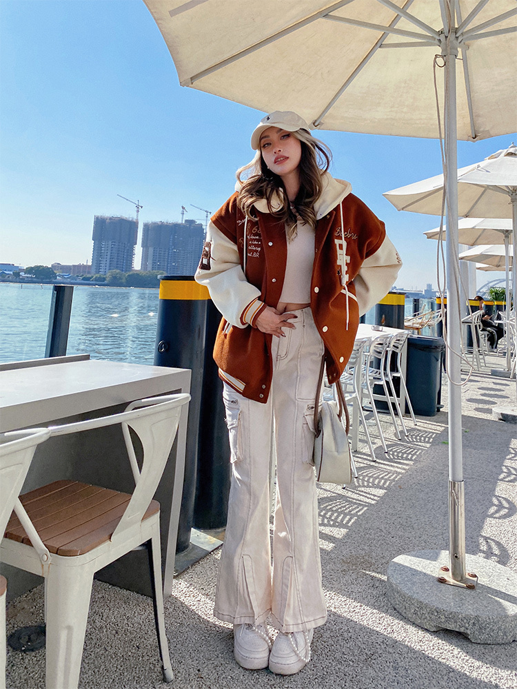 Women's Jackets American Retro Letter Embroidery Coat Baseball Jacket Winter Hooded Hip Hop Loose All-match Fashion Top Clothes 230216