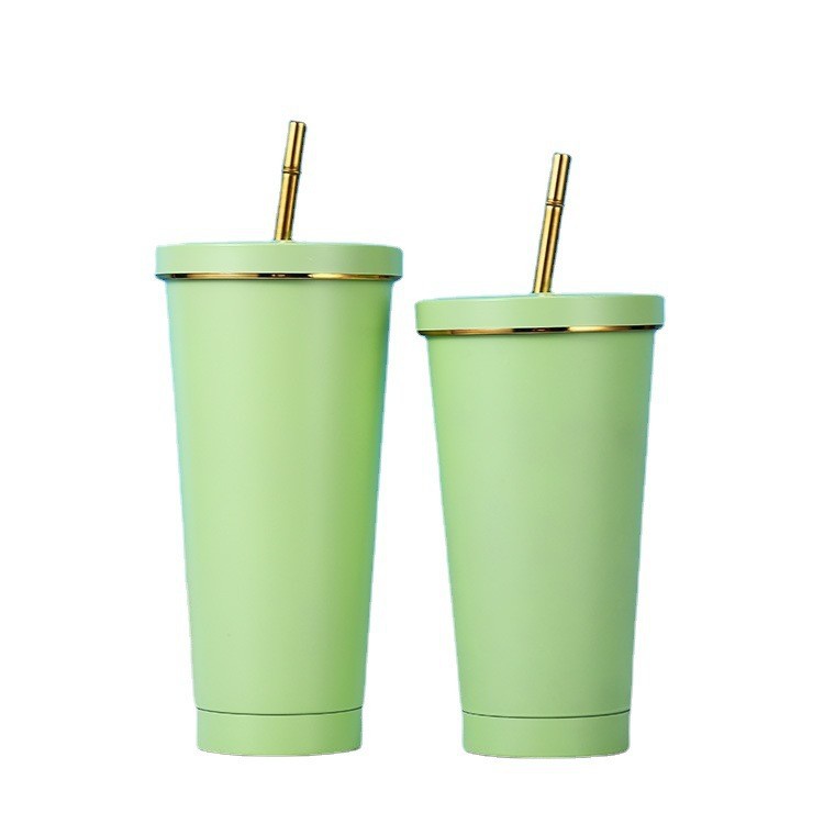 500ml 750ml Stainless steel tumblers with straw lid double walled Vacuum insulated sippy cup with gold rim macaron colors coffee cups portable water b