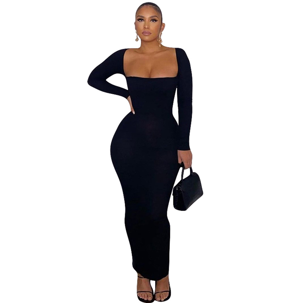 New 2024 Ribbed Dresses Women Spring Long Sleeve Bodycon Dress Sexy Square Collar Threaded Dress Night Club Party Elegant Wear Wholesale bulk items 92